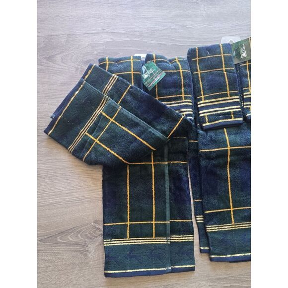 2 VTG Kmart Trim A Home Towel Sets NOS Blue/ Green Plaid With Reindeer Christmas - Picture 6 of 8